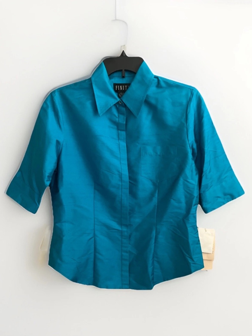 Turquoise Blue Silk Blouse 8 (6) Button Down 1/2 Sleeve Dressy Y2K Resort New